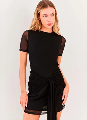 Sofie - Vestido Curto Evasê Tule com Amarração Preto - SOFIE