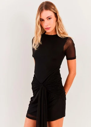 Sofie - Vestido Curto Evasê Tule com Amarração Preto - SOFIE