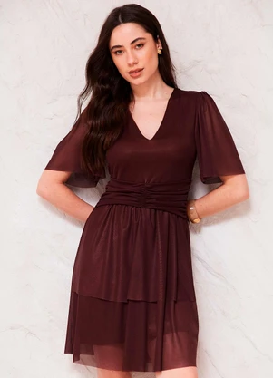 Doce Trama - Vestido Curto Evasê Tule Drapeado Sunset Marrom - DOCE TRAMA