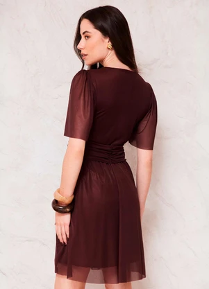 Doce Trama - Vestido Curto Evasê Tule Drapeado Sunset Marrom - DOCE TRAMA