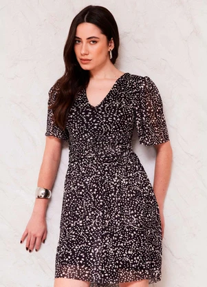 Doce Trama - Vestido Curto Evasê Tule Drapeado Sunset Preto - DOCE TRAMA