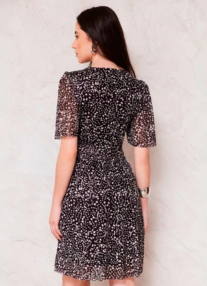 Doce Trama - Vestido Curto Evasê Tule Drapeado Sunset Preto - DOCE TRAMA