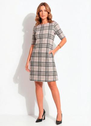 Vestido Curto Evas� Xadrez em Ribana Canelada com Fenda