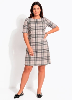 Quintess - Vestido Curto Evasê Xadrez em Ribana Canelada com Fenda - QUINTESS