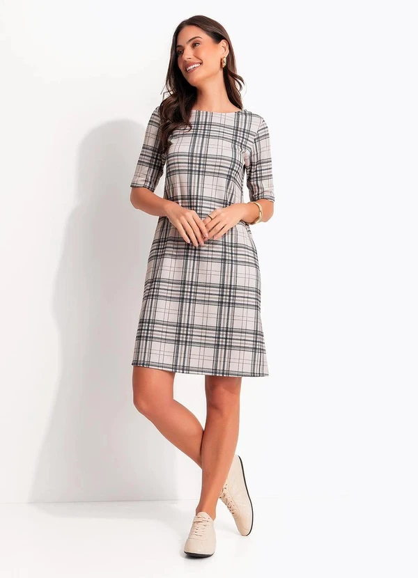 Quintess - Vestido Curto Evasê Xadrez em Ribana Canelada com Fenda 7