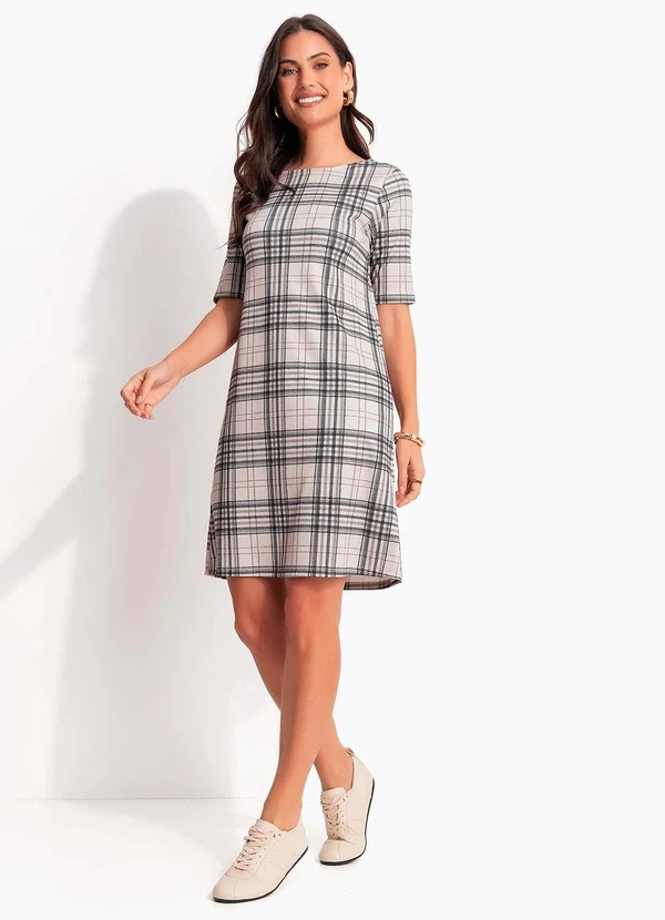 Quintess - Vestido Curto Evasê Xadrez em Ribana Canelada com Fenda 8