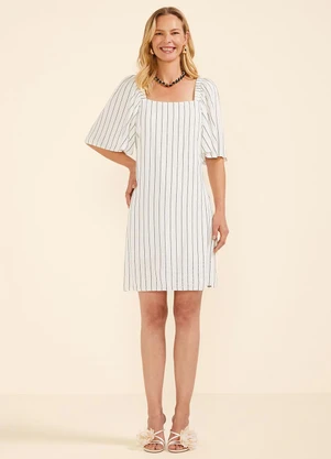 Marialícia - Vestido Curto Feminino Listrado Lurex Bege - MARIALÍCIA