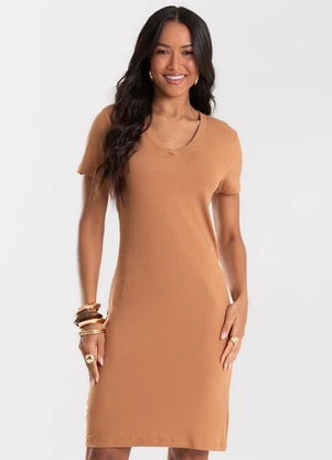 Rovitex - Vestido Curto Feminino Ribana Canelada Marrom - ROVITEX