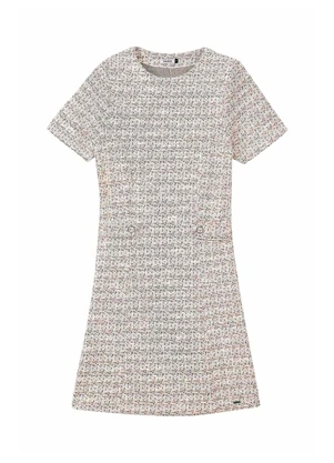 Marialícia - Vestido Curto Feminino Tweed com Lurex Bege - MARIALÍCIA