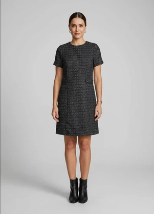 Marialícia - Vestido Curto Feminino Tweed com Lurex Preto - MARIALÍCIA