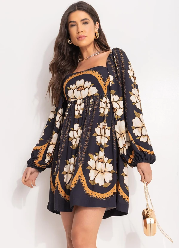 Farm - Vestido Curto Flor Bordada Preto