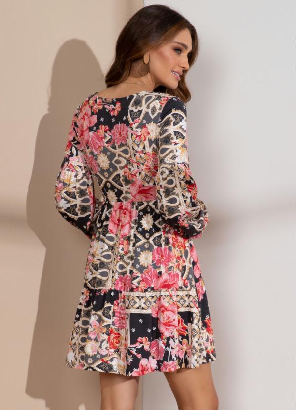 Quintess - Vestido Curto Floral Arabesco com Franzidos 2