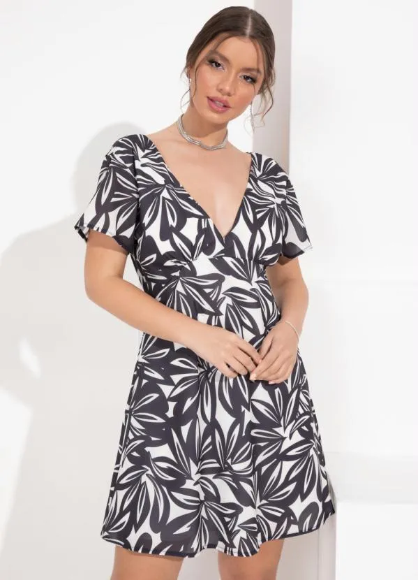 Vestido Curto Floral Artístico Decote em V Outlet
