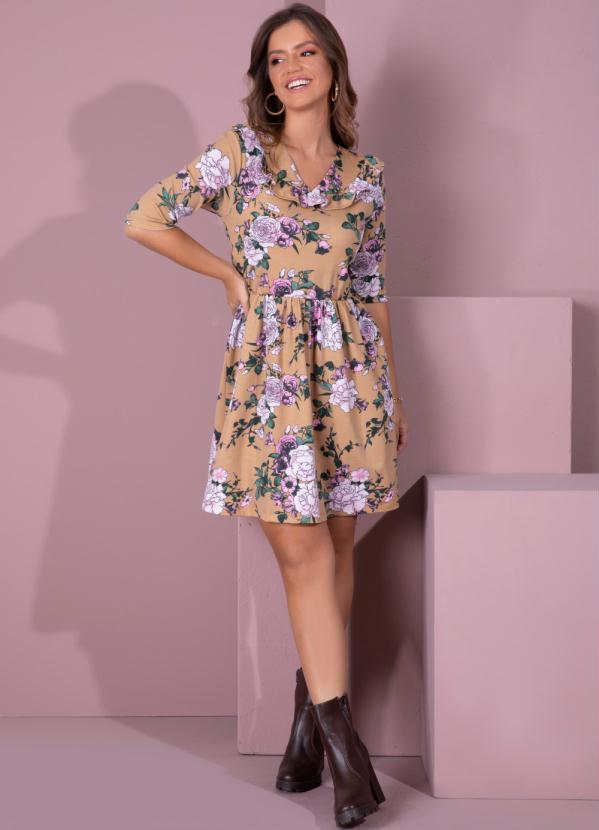 Outlet - Vestido Curto Floral Bege com Babados 7