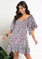 Vestido Curto Floral Cinza Mangas Amplas 3/4