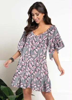 Quintess - Vestido Curto Floral Cinza Mangas Amplas 3/4 - QUINTESS