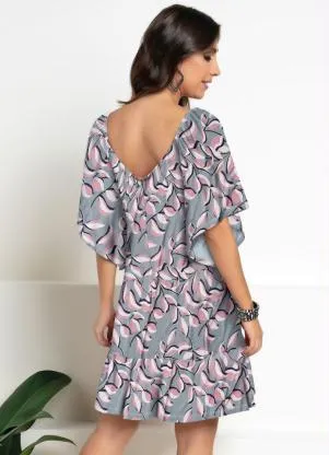 Quintess - Vestido Curto Floral Cinza Mangas Amplas 3/4 - QUINTESS