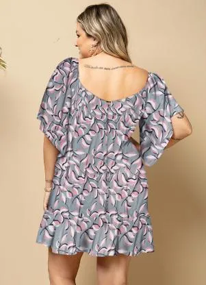 Quintess - Vestido Curto Floral Cinza Mangas Amplas 3/4 - QUINTESS