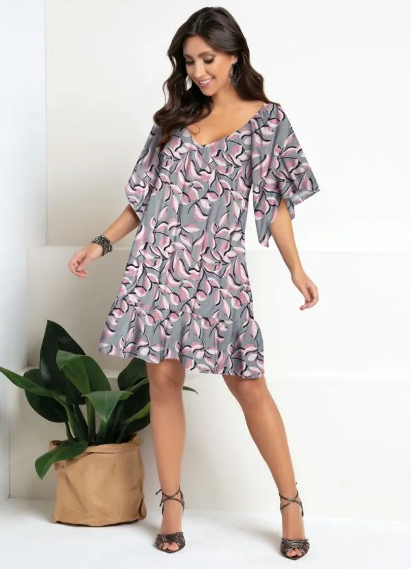 Quintess - Vestido Curto Floral Cinza Mangas Amplas 3/4 7