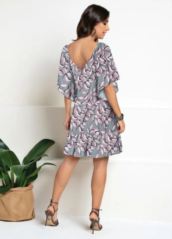 Quintess - Vestido Curto Floral Cinza Mangas Amplas 3/4 6