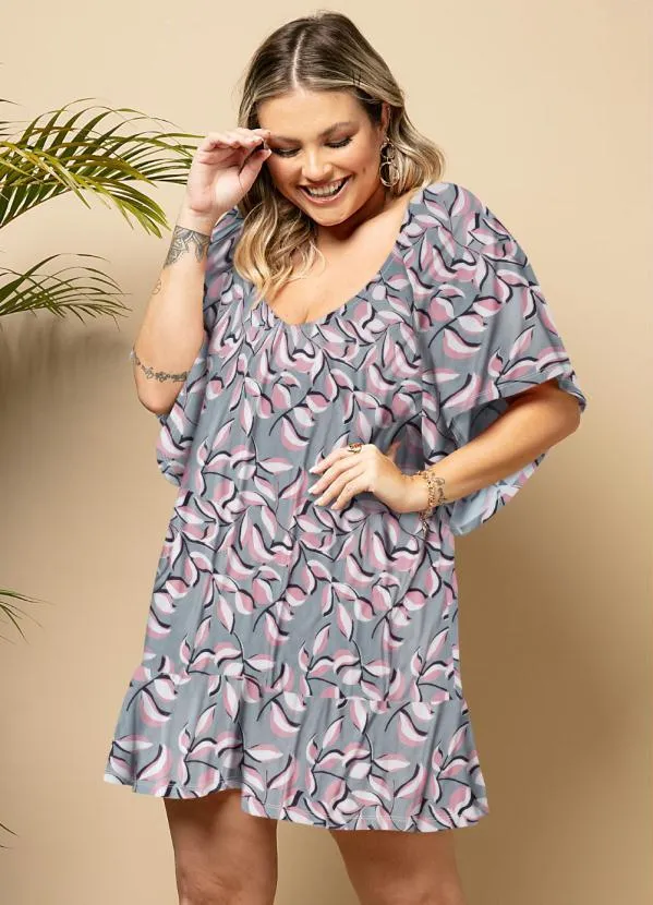 Quintess - Vestido Curto Floral Cinza Mangas Amplas 3/4 5