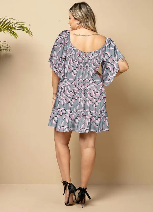 Quintess - Vestido Curto Floral Cinza Mangas Amplas 3/4 2