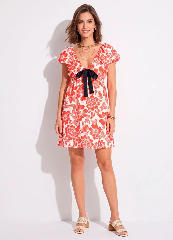 Quintess - Vestido Curto Floral em Malha Fria com Laço Removível