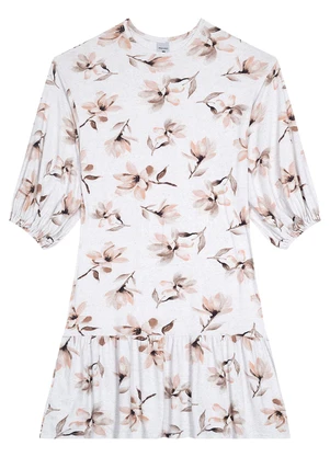 Malwee - Vestido Curto Floral em Viscolinho Bege - MALWEE