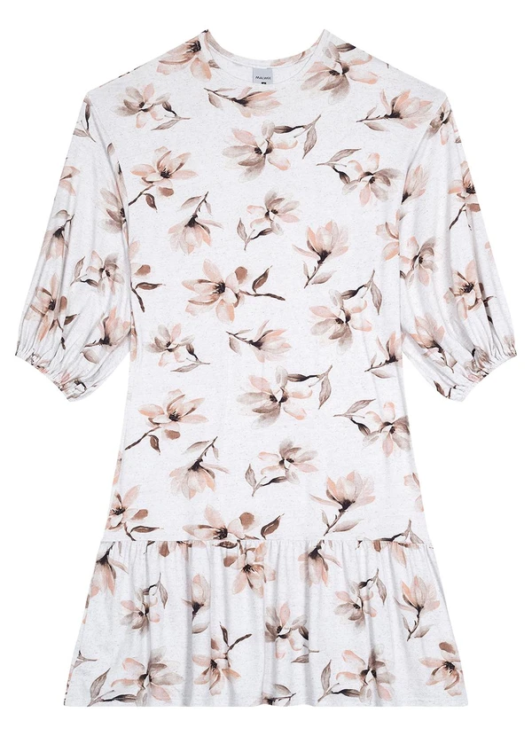Malwee - Vestido Curto Floral em Viscolinho Bege