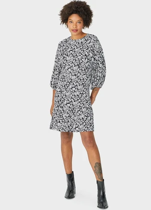 Malwee - Vestido Curto Floral em Viscolinho Preto - MALWEE