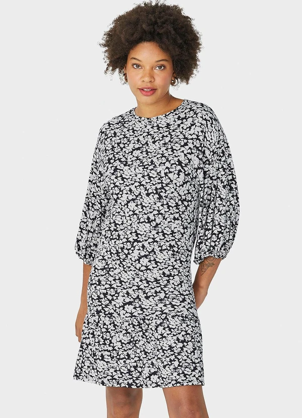 Malwee - Vestido Curto Floral em Viscolinho Preto