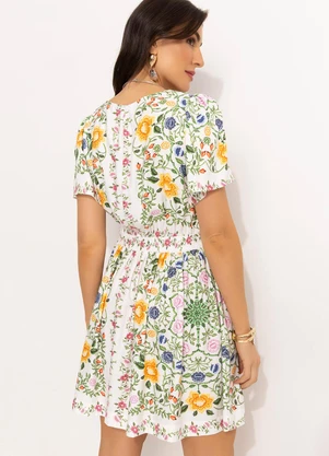 Farm - Vestido Curto Floral em Viscose Off White - FARM