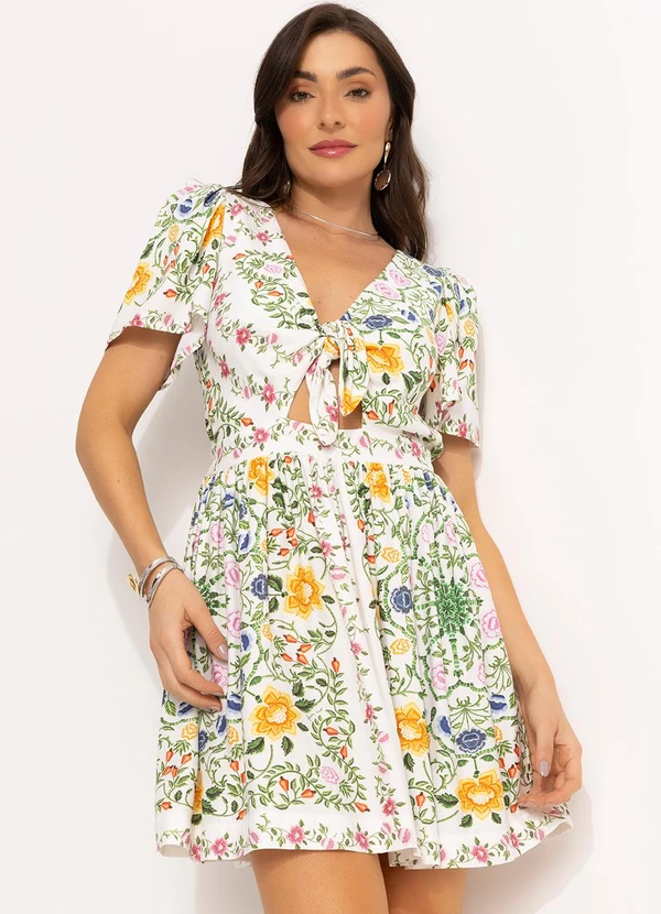 Farm - Vestido Curto Floral em Viscose Off White