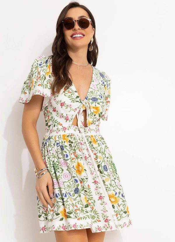 Farm - Vestido Curto Floral em Viscose Off White 3