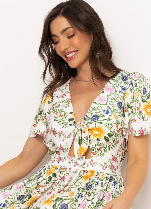 Farm - Vestido Curto Floral em Viscose Off White 6