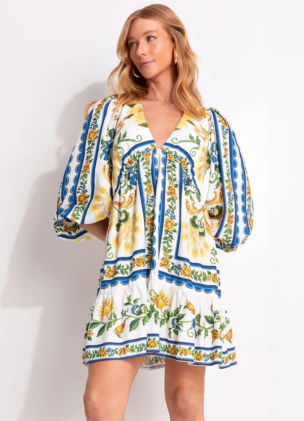 Farm - Vestido Curto Floral Emilia Off White