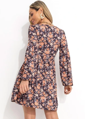Quintess - Vestido Curto Floral Preto com Franzidos - QUINTESS