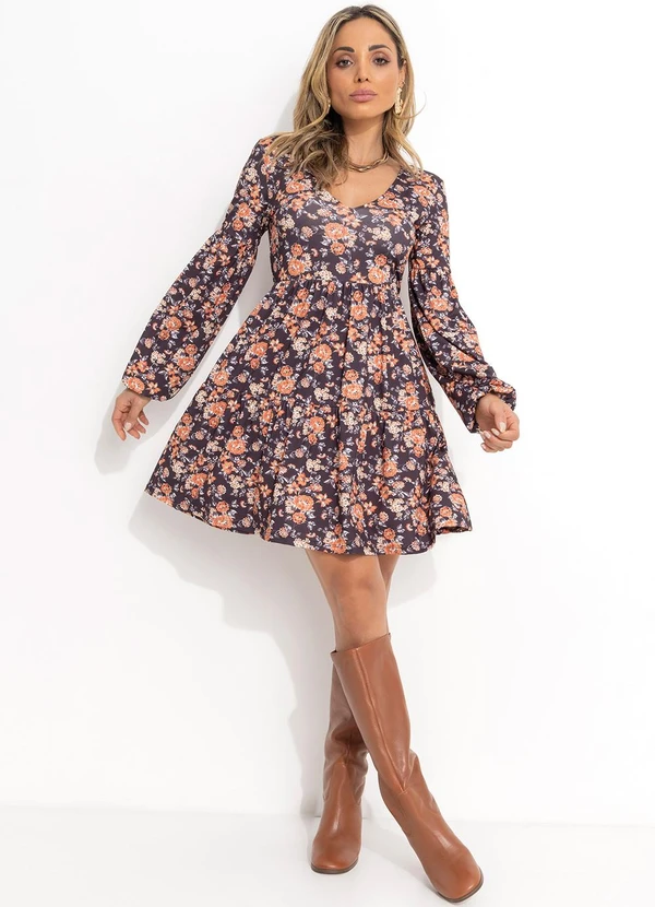 Quintess - Vestido Curto Floral Preto com Franzidos 3