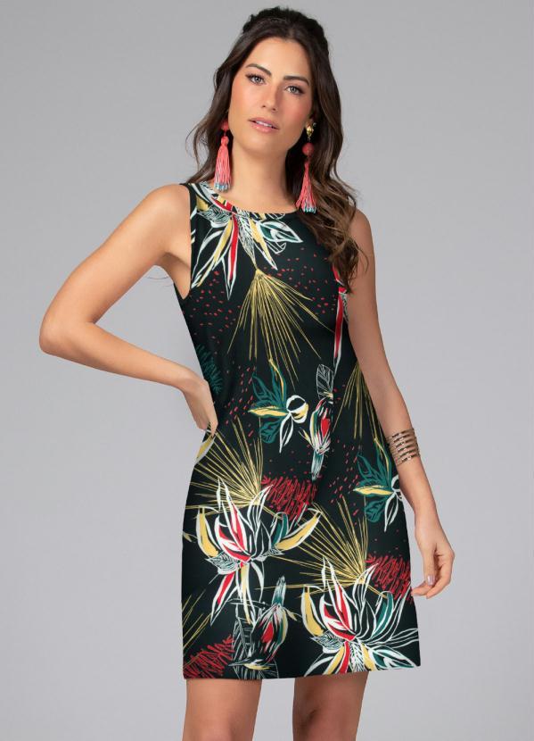 Quintess - Vestido Curto Floral Preto sem Mangas