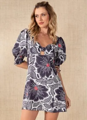 Quintess - Vestido Curto Floral Retrô com Recorte Vazado - QUINTESS