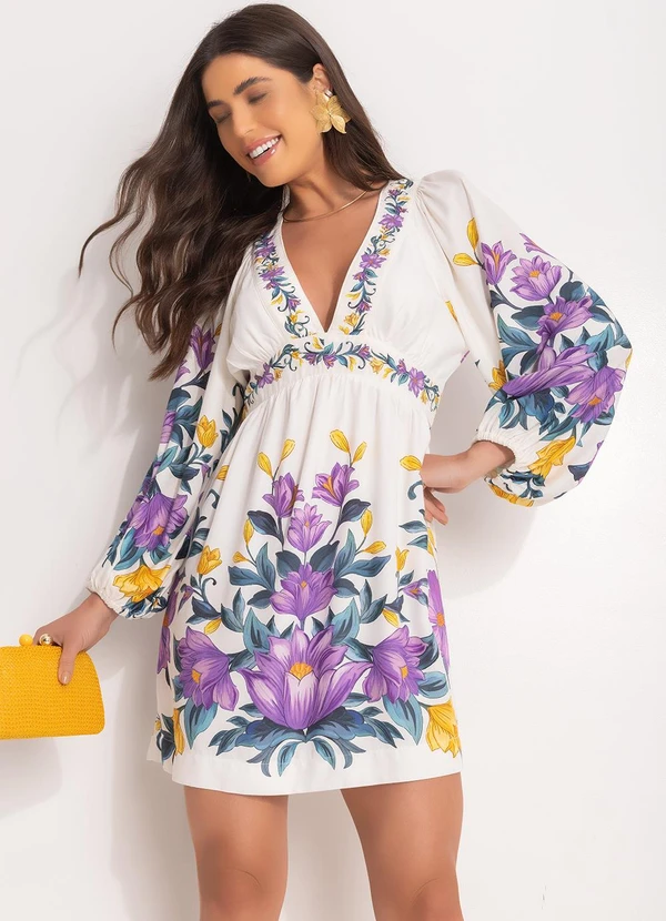 Farm - Vestido Curto Floral Sicilia Off White