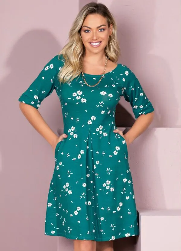 Quintess - Vestido Curto Floral Verde com Bolsos