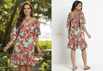 Vestido Curto Floral Verde Mangas Amplas 3/4