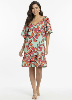 Quintess - Vestido Curto Floral Verde Mangas Amplas 3/4 - QUINTESS