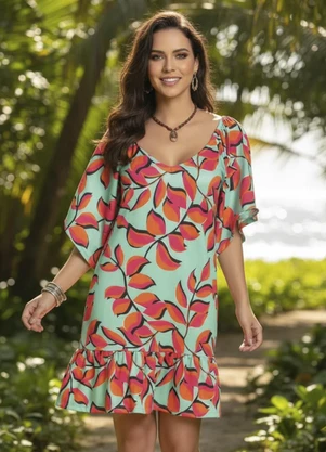 Quintess - Vestido Curto Floral Verde Mangas Amplas 3/4 - QUINTESS