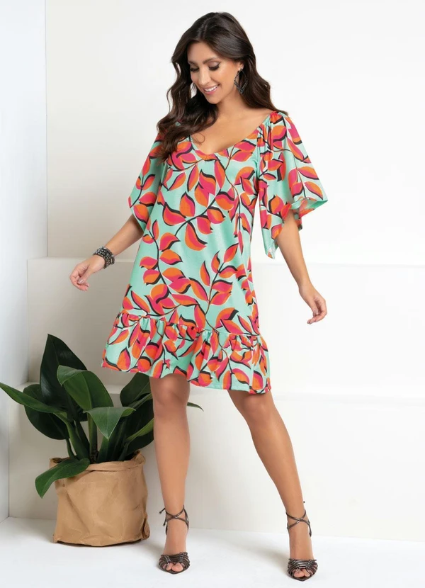 Quintess - Vestido Curto Floral Verde Mangas Amplas 3/4 2