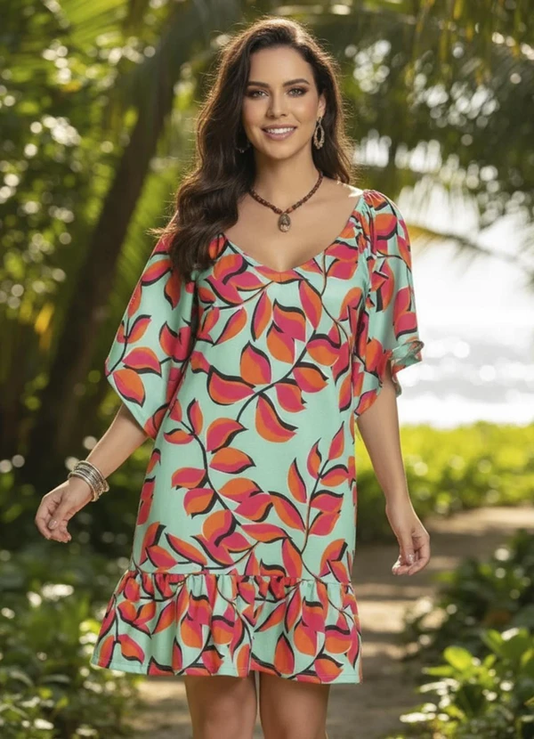 Quintess - Vestido Curto Floral Verde Mangas Amplas 3/4 10