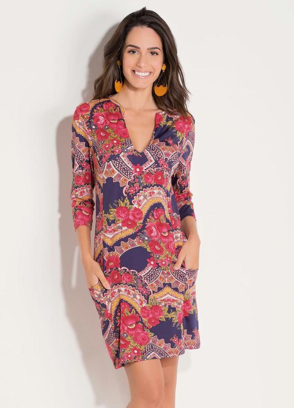 Quintess - Vestido Curto Floral Vermelho com Bolsos