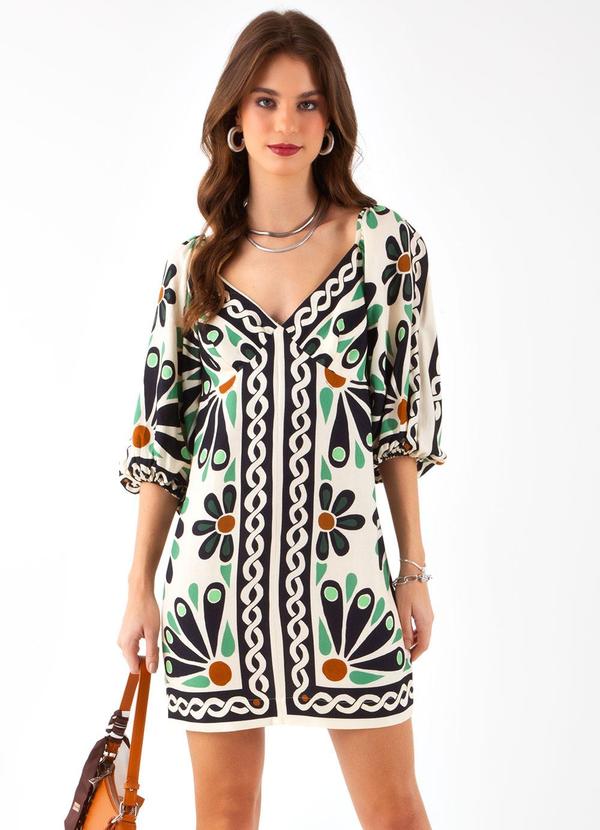 Farm - Vestido Curto Florejo Lenço Bege