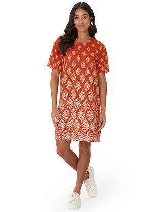 Malwee - Vestido Curto Folhagens Amplo Laranja - MALWEE